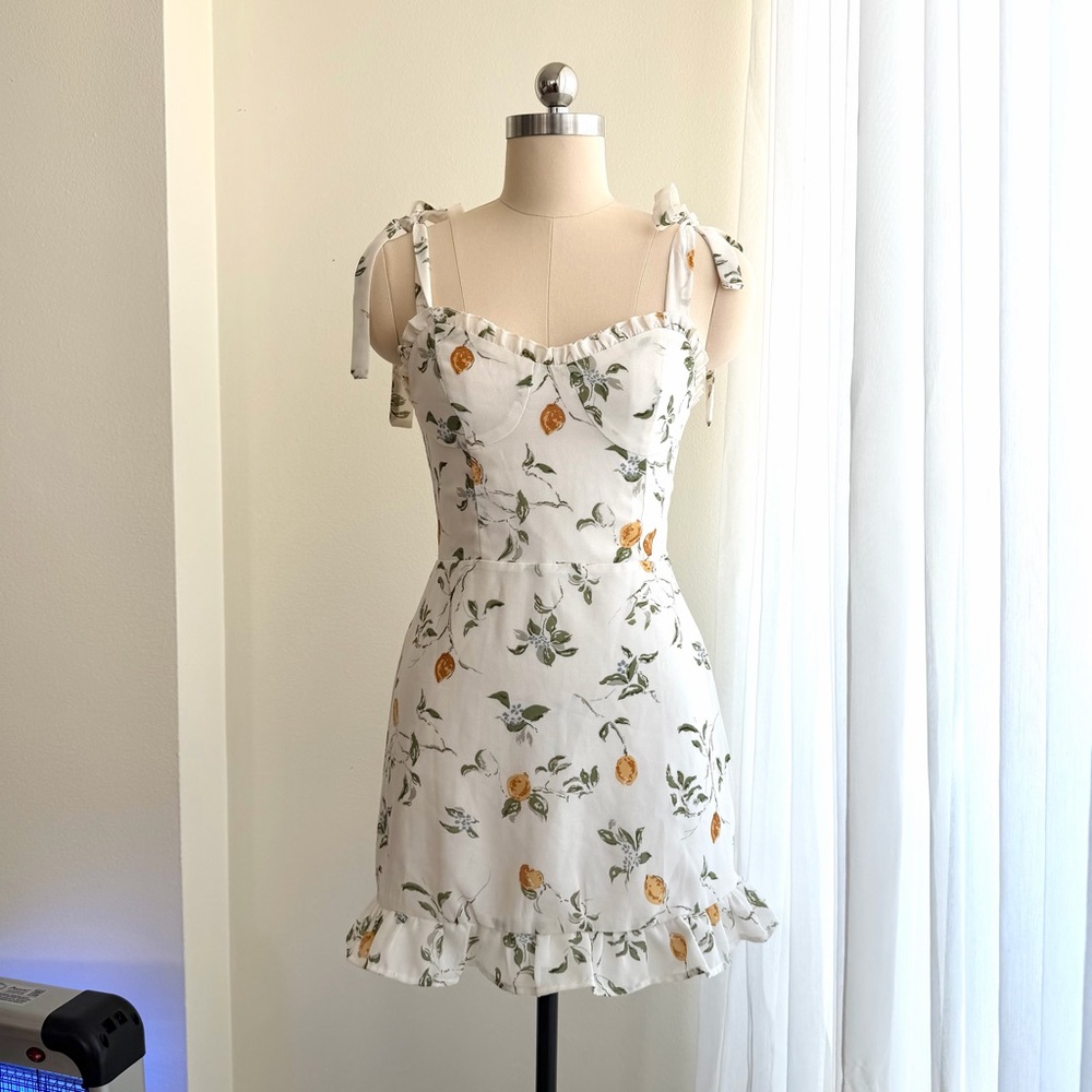 White and lemons Tie-Shoulder Sundress with Ruffle Hem - Reformation lookalike